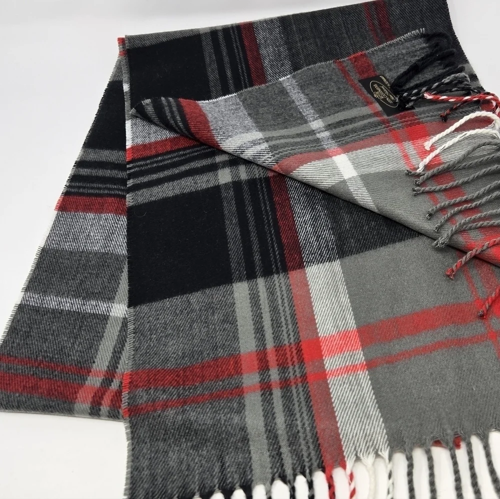 100% CASHMERE GREY RED BLACK PLAID LONG SCARF FRINGE ENDS UNISEX OS GERMANY LUX